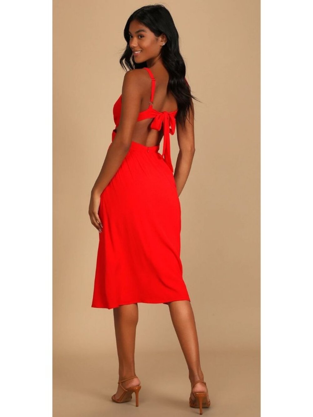 Lulus Bold New Look Bright Red Tie-Back Midi Dress With Pockets Size Small NWT
